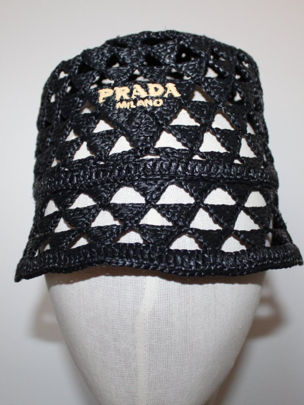 NWT PRADA Triangle Logo Black Crocheted Bucket Hat